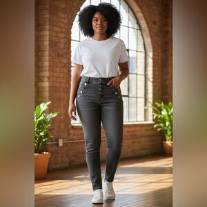 EUC Express Women’s High Waisted Black Wash Denim Jeans Front Button Accent - 16